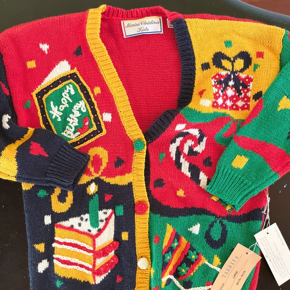 Marisa Christina Kids Sweater Hand Knit Cardigan Happy Birthday sz large - Picture 10 of 10
